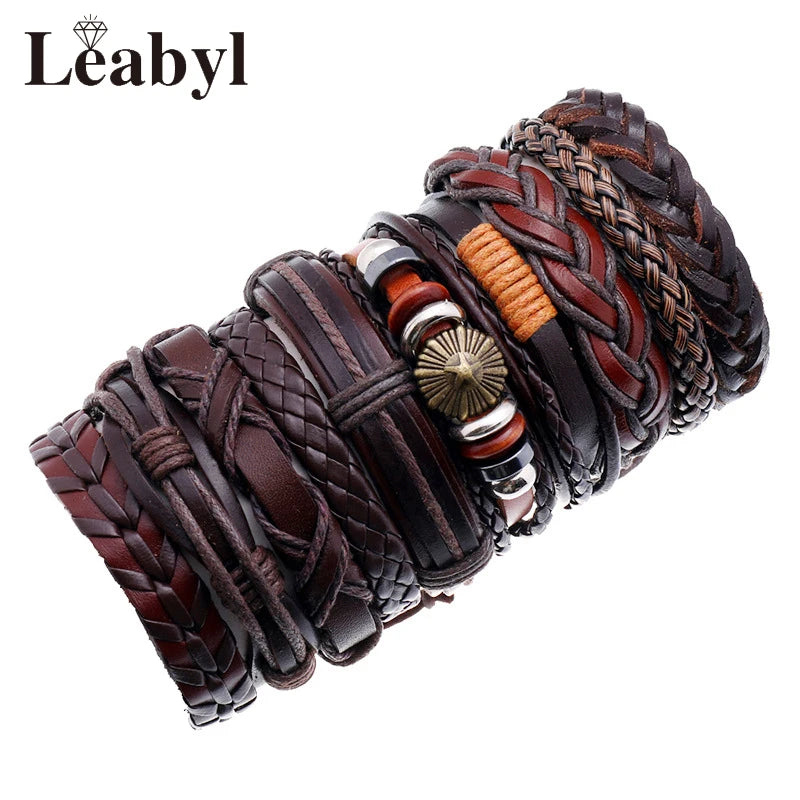 10 PCS Multilayer Leather Strap Bracelets for Men Vintage Punk Style Jewelry