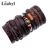 10 PCS Multilayer Leather Strap Bracelets for Men Vintage Punk Style Jewelry