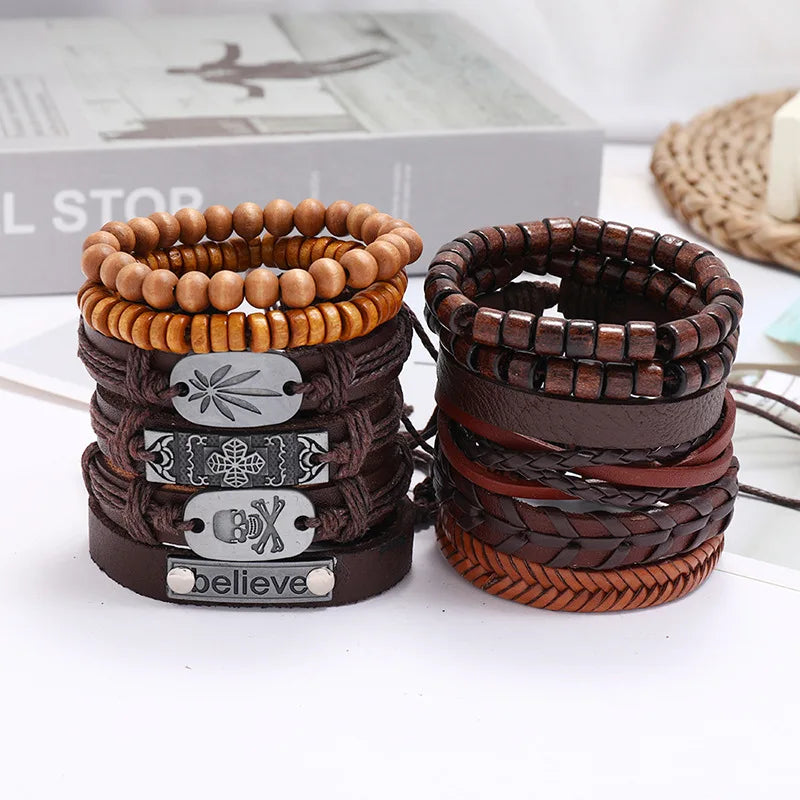Leabyl Classic Series Leather Rope Strap Hiphop Bracelet Set