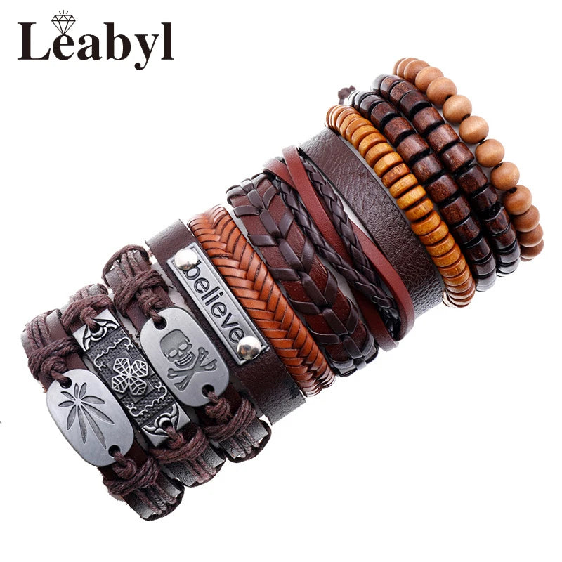 Leabyl Classic Series Leather Rope Strap Hiphop Bracelet Set