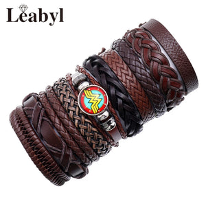 10 PCS Leabyl Colorful Round Bead Bracelet Set Brown Multilayer Leather