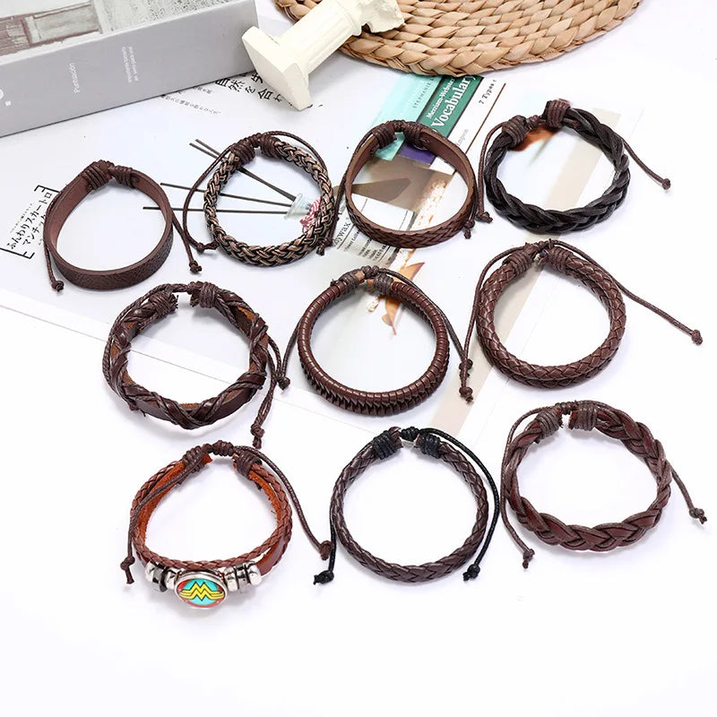 10 PCS Leabyl Colorful Round Bead Bracelet Set Brown Multilayer Leather