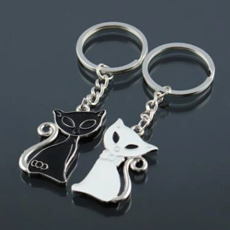 Enamel Cat Couple Key Chain Holder Bag Keyring Charm Metal Car Purse Keyfob