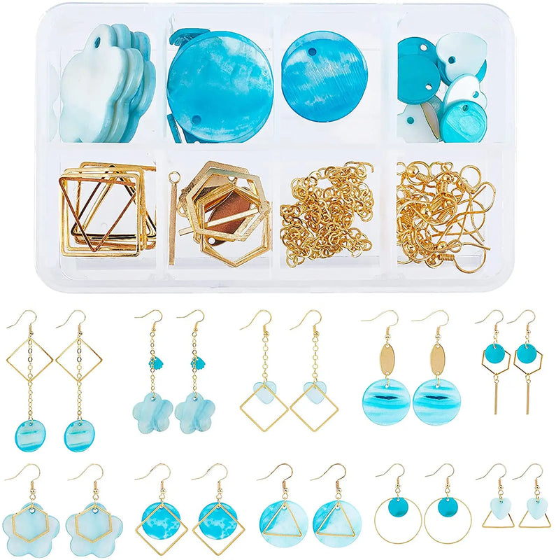 10 Pairs Shell Earring Making Kits Flat Round Heart Flower Shell Charms Pandents