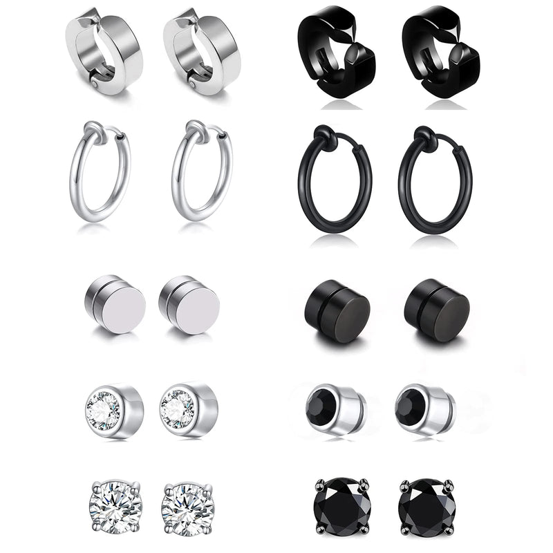 10 Pairs Magnetic Stud Earrings CZ Magnet Steel Hoop Earrings