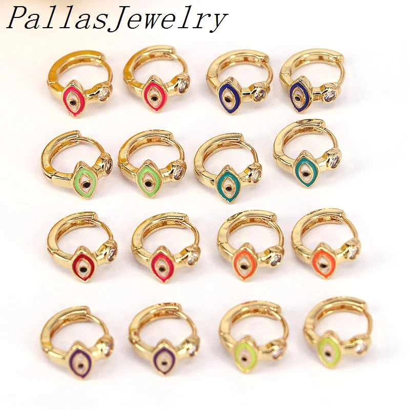 10 Pairs CZ Eye Earrings, Plated Round Eye Earrings, Enamel Charm Earrings
