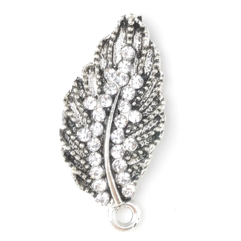 10 Pcs Antique Silver Leaf Charms Pendant Metal Rhinestone DIY Jewelry Making