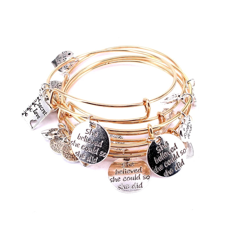 10 Pcs Hope Love Faith Charm Bracelets - Silver Adjustable Bangles