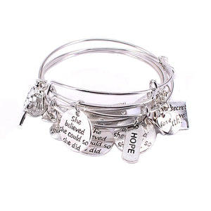 10 Pcs Hope Love Faith Charm Bracelets - Silver Adjustable Bangles