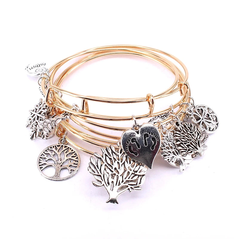 Life Tree Charm Bracelets & Silver Bangles Set for Women Cuff Jewelry
