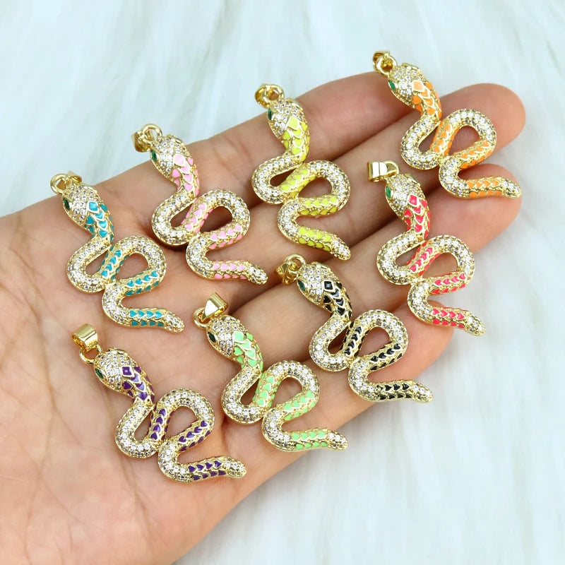 10 Pcs Enamel Snake Zirconia Charms Necklace Accessories
