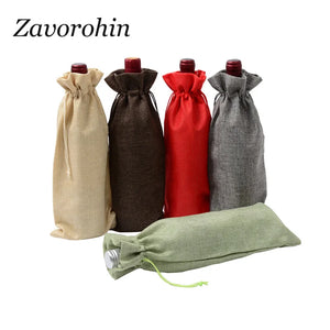 10 Pcs 15x35 cm Rectangle Jute Burlap Linen Bags Champagne Red Wine Bottle Bag