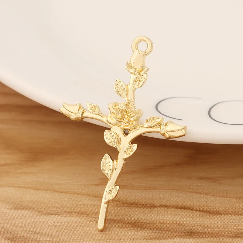 10 Cross Crucifix & Rose Flower Charms Pendants for Necklace Making 43x28mm