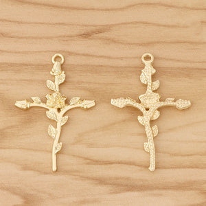 10 Cross Crucifix & Rose Flower Charms Pendants for Necklace Making 43x28mm