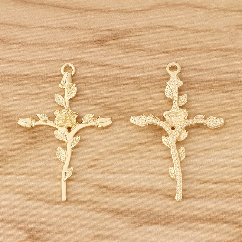 10 Cross Crucifix & Rose Flower Charms Pendants for Necklace Making 43x28mm