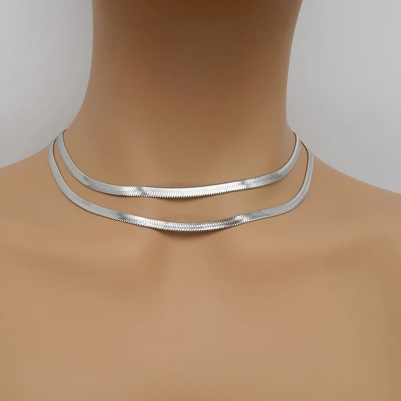 Herringbone Choker Necklace, Stainless Steel Gold Chain