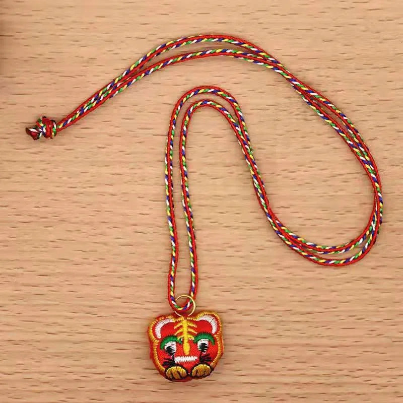10 Pcs Ethnic Embroidery Tiger Head Gourd Kids Necklace Colorful Rope Braided