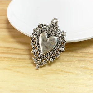 10 Silver Plated Sacred Heart Charms for Christian Jewelry Making