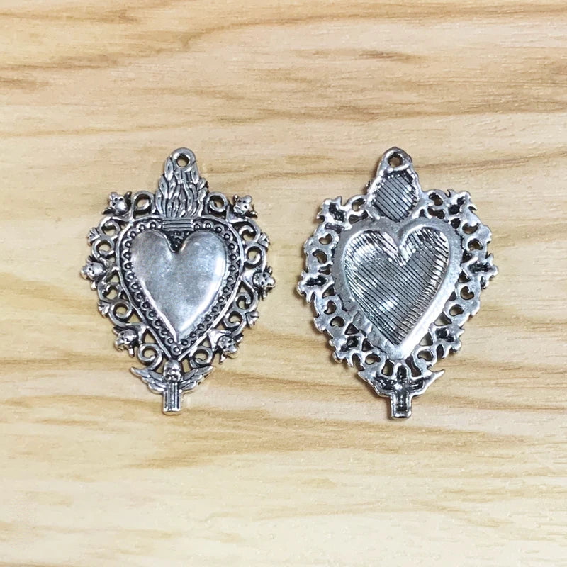 10 Silver Plated Sacred Heart Charms for Christian Jewelry Making