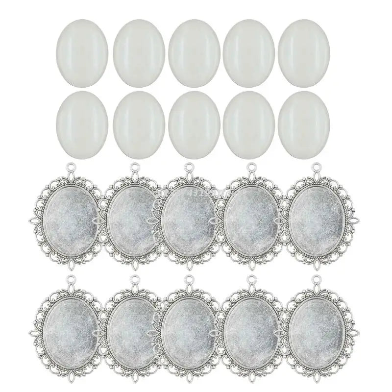 10 Oval Bezel Pendant Trays with Glass Cabochons