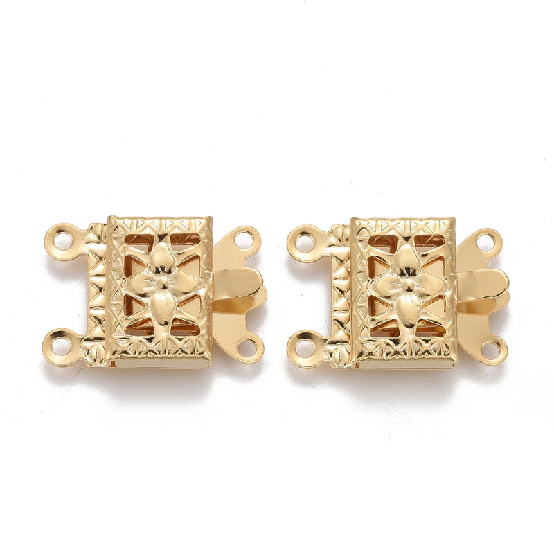 10 Sets 2-Strand 304 SS Box Clasps Rect Flower 4-Holes DIY Jewelry 15x10x3mm