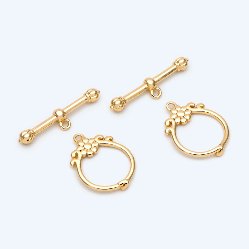 10 Sets Flower Toggle Clasp Easy Close Real Plated Brass (#GB-2550)