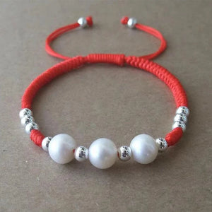 10mm Freshwater Pearl Bracelet Red Thread 925 Silver Charm