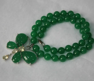 10mm Jade Bead Butterfly Pendant Necklace with Metal Accents