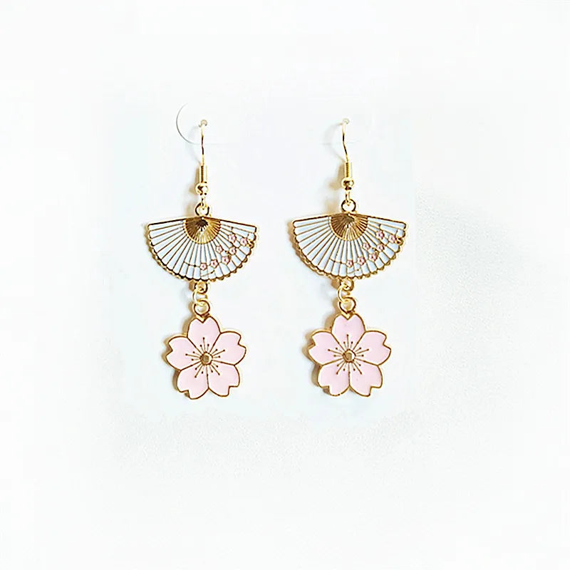 Enamel Flower Sakura Fan Earrings - Set of 10 Pairs
