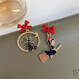 Enamel Bow Knot Moon Cat Earrings for Women