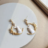 Enamel Moon Rabbit Earrings for Women