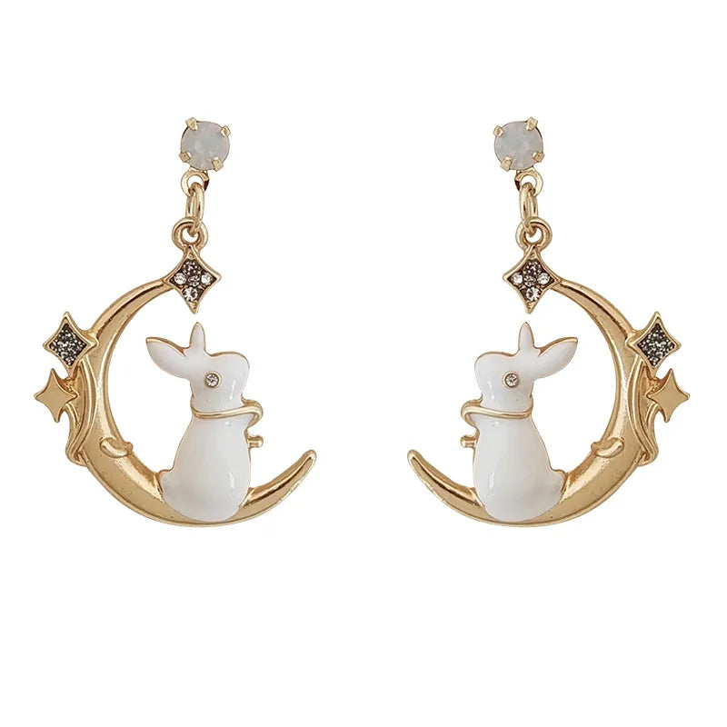 Enamel Moon Rabbit Earrings for Women