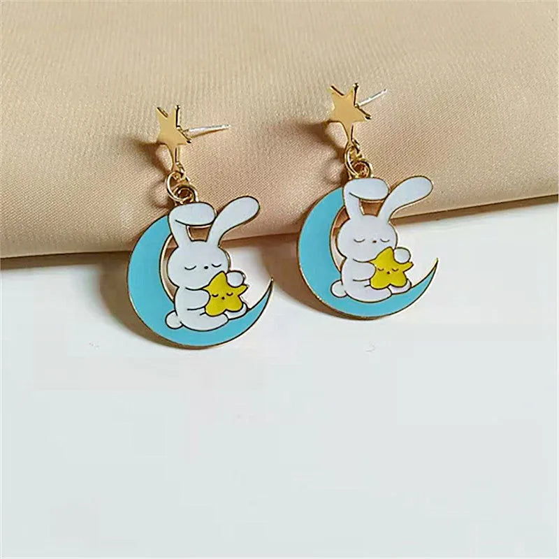 Enamel Star Moon Rabbit Earrings for Women