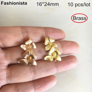 10 pcs Brass Double Flower Charms for Earrings DIY, Gold-color