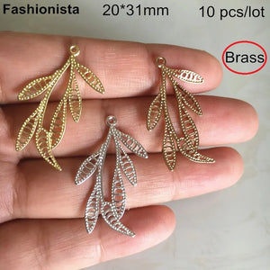 10 pcs Brass Filigree Leaf Charms Silver-color Branch With 6 Leaves