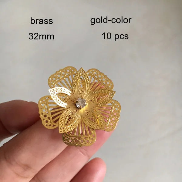 10 pcs 3D Brass Flowers 32mm Gold Scrapbook Decor