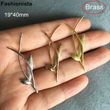 Silver-Color Steel Raw Brass 2 Leaf Branch Charms 19*40mm