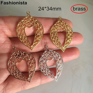 10 pcs Brass Open-Heart Charms 24*34mm Silver Jewelry Making Findings