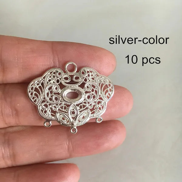 10 pcs Chinese Lock Shape Charms Pendant, Brass Filigree Drops With 3 Loops