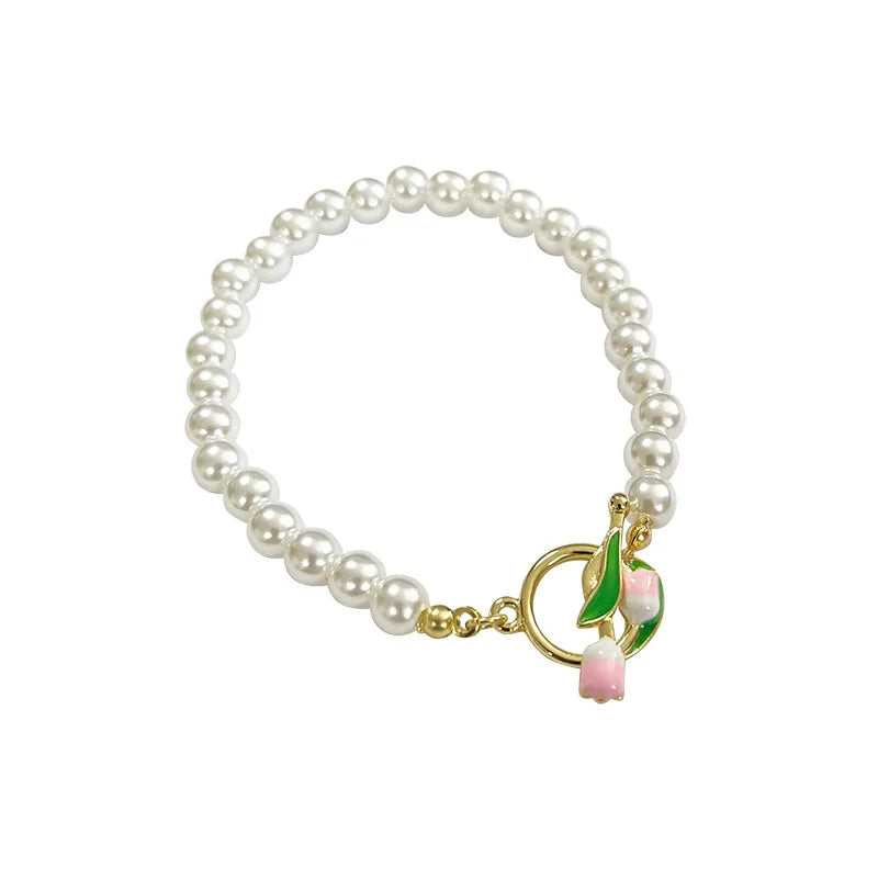 10 pcs Enamel Flower Pearl Bracelet, Jewelry Accessories Metal