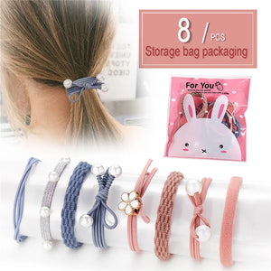 8 PCS Pink Elastic Hairbands Set Hair Accessories for Girls Women