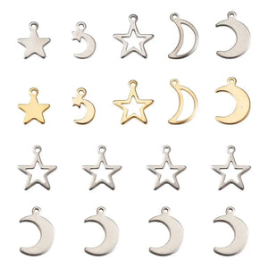 100-200Pcs Stainless Steel Star Moon Charms for DIY Jewelry Making