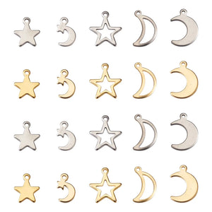100-200Pcs Stainless Steel Star Moon Charms for DIY Jewelry Making