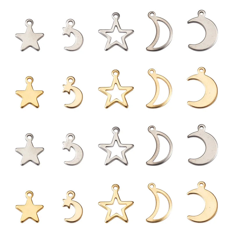100-200Pcs Stainless Steel Star Moon Charms for DIY Jewelry Making