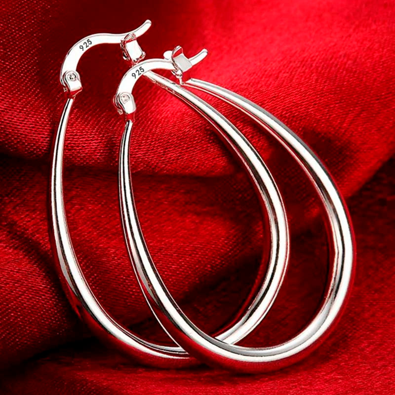 925 Sterling Silver Hoop Earrings Smooth Circle Design Women Wedding Jewelry