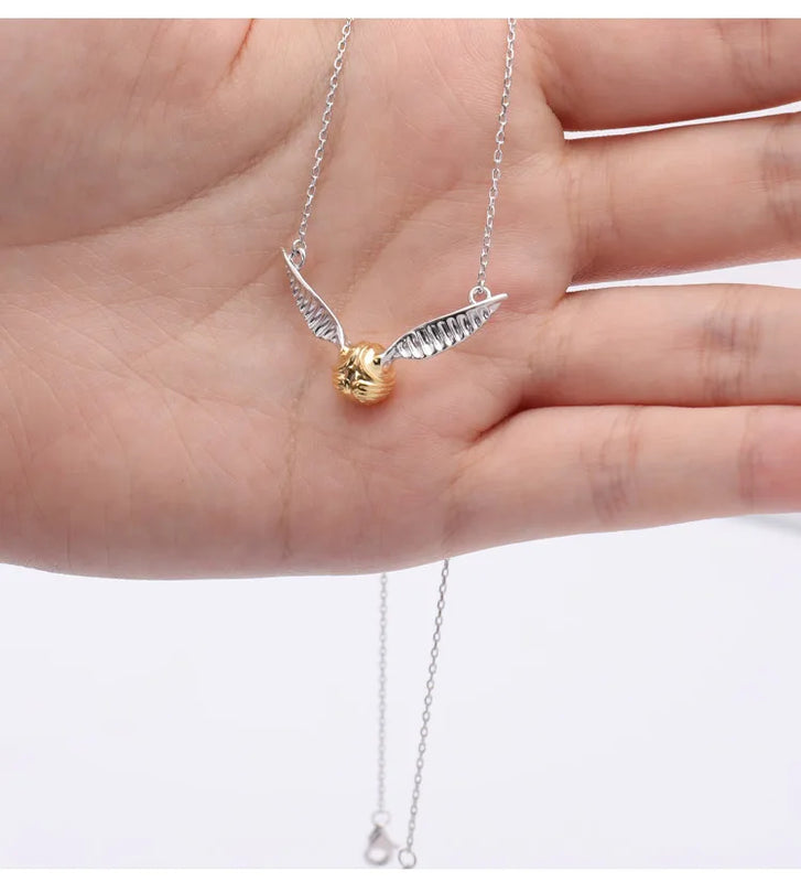 925 Silver Golden Snitch Pendant Necklace Deathly Hallows Wing Charm Quidditch