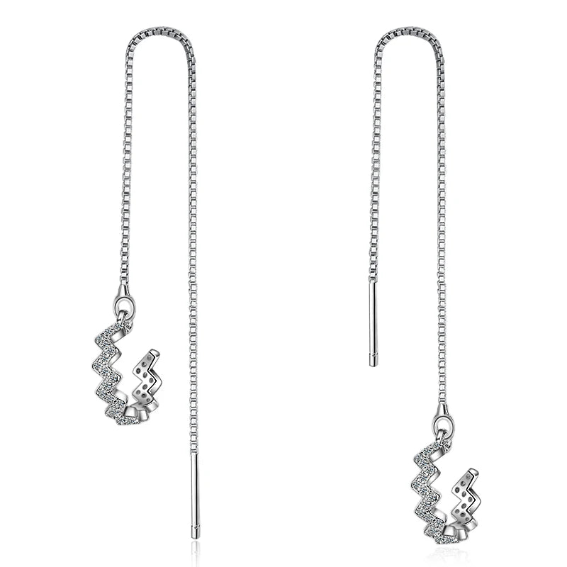 925 Sterling Silver Long Tassel Drop Earrings Ear Clip for Women