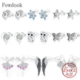 925 Silver Owl Zirconia Stud Earrings Women Girl Baby Pendientes