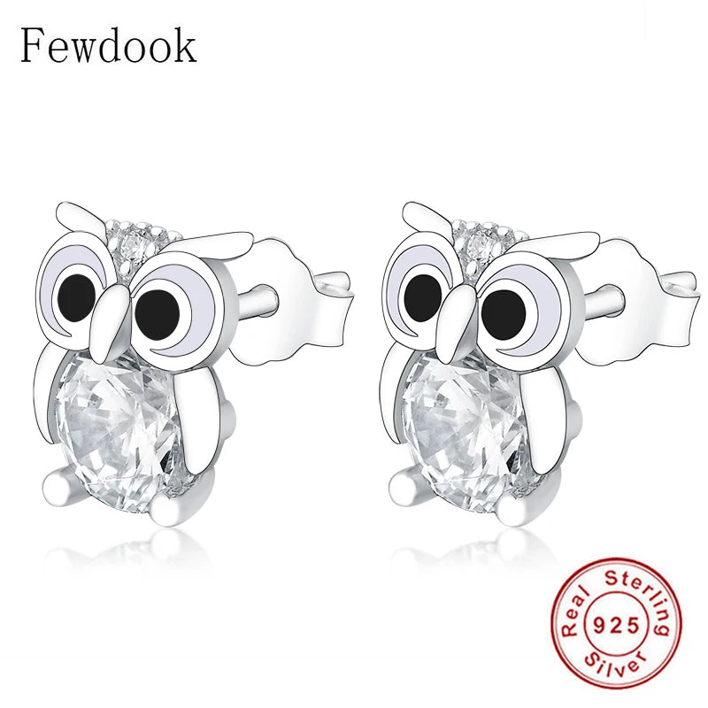 925 Silver Owl Zirconia Stud Earrings Women Girl Baby Pendientes