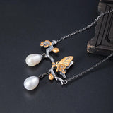925 Silver Butterfly Tassel Pendant Necklace Chinese Style Pearl Flower Jewelry